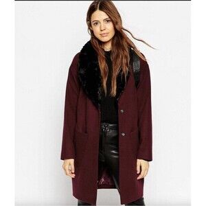 Asos corduroy Burgundy Peplum Coat with Belt and Faux Fur Collar US size 2